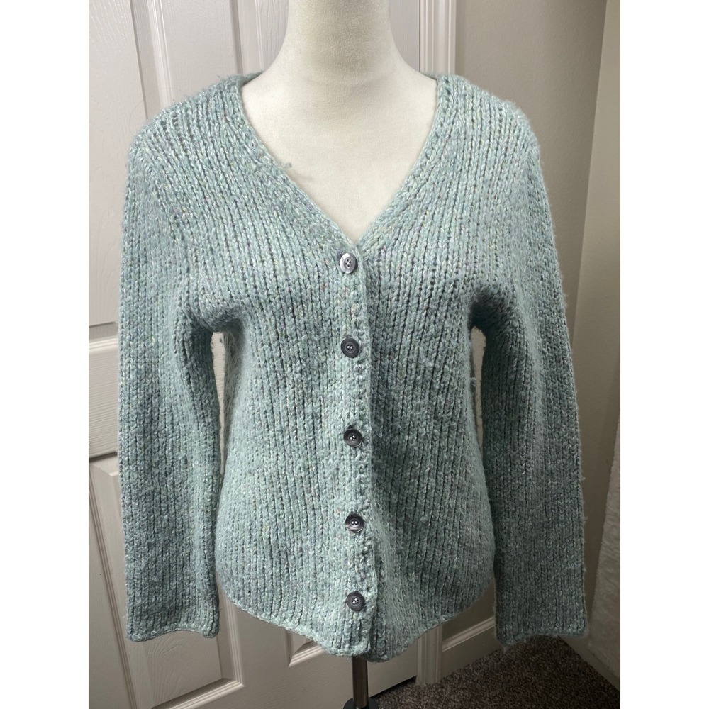 J Jill Womens M Blue‎ Green Knit Button Front V Neck Wool Blend Cardigan